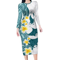 Maori Manta Ray Plumeria Teal Long Sleeve Bodycon Dress