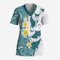 Maori Manta Ray Plumeria Teal Scrub Top - Polynesian Pride