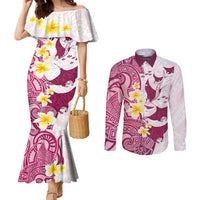 Maori Manta Ray Plumeria Royal Pink Couples Matching Mermaid Dress and Long Sleeve Button Shirt