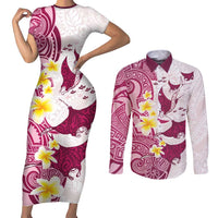 Maori Manta Ray Plumeria Royal Pink Couples Matching Short Sleeve Bodycon Dress and Long Sleeve Button Shirt