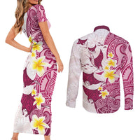 Maori Manta Ray Plumeria Royal Pink Couples Matching Short Sleeve Bodycon Dress and Long Sleeve Button Shirt
