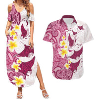 Maori Manta Ray Plumeria Royal Pink Couples Matching Summer Maxi Dress and Hawaiian Shirt