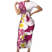 Maori Manta Ray Plumeria Royal Pink Family Matching Short Sleeve Bodycon Dress and Hawaiian Shirt LT01 Mom's Dress Pink - Polynesian Pride