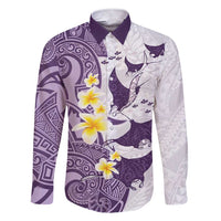 Maori Manta Ray Plumeria Deep Purple Family Matching Short Sleeve Bodycon Dress and Hawaiian Shirt LT01 Dad's Shirt - Long Sleeve Purple - Polynesian Pride