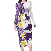 Maori Manta Ray Plumeria Deep Purple Long Sleeve Bodycon Dress