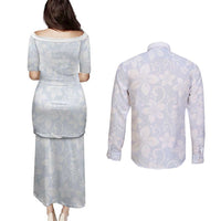 Plumeria Floral White Sunday Couples Matching Puletasi and Long Sleeve Button Shirt