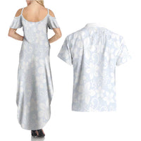 Plumeria Floral White Sunday Couples Matching Summer Maxi Dress and Hawaiian Shirt