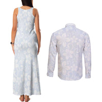 Plumeria Floral White Sunday Couples Matching Tank Maxi Dress and Long Sleeve Button Shirt