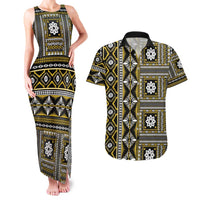 Fiji Masi Tapa Pattern Yellow Couples Matching Tank Maxi Dress and Hawaiian Shirt - Polynesian Pride