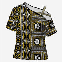Fiji Masi Tapa Pattern Yellow Cross Shoulder Shirt - Polynesian Pride