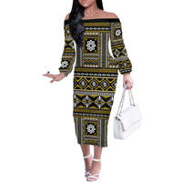 Fiji Masi Tapa Pattern Yellow Off The Shoulder Long Sleeve Dress - Polynesian Pride