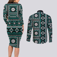 Fiji Masi Tapa Pattern Teal Couples Matching Long Sleeve Bodycon Dress and Long Sleeve Button Shirt - Polynesian Pride