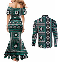 Fiji Masi Tapa Pattern Teal Couples Matching Mermaid Dress and Long Sleeve Button Shirt - Polynesian Pride