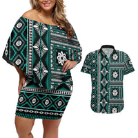Fiji Masi Tapa Pattern Teal Couples Matching Off Shoulder Short Dress and Hawaiian Shirt - Polynesian Pride
