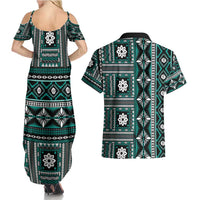 Fiji Masi Tapa Pattern Teal Couples Matching Summer Maxi Dress and Hawaiian Shirt - Polynesian Pride