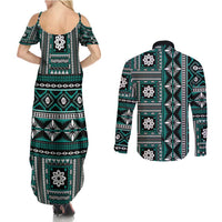 Fiji Masi Tapa Pattern Teal Couples Matching Summer Maxi Dress and Long Sleeve Button Shirt - Polynesian Pride