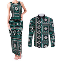 Fiji Masi Tapa Pattern Teal Couples Matching Tank Maxi Dress and Long Sleeve Button Shirt - Polynesian Pride