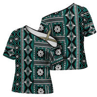 Fiji Masi Tapa Pattern Teal Cross Shoulder Shirt - Polynesian Pride