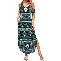 Fiji Masi Tapa Pattern Teal Family Matching Summer Maxi Dress and Hawaiian Shirt - Polynesian Pride