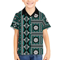 Fiji Masi Tapa Pattern Teal Family Matching Tank Maxi Dress and Hawaiian Shirt - Polynesian Pride