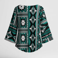 Fiji Masi Tapa Pattern Teal Kimono Sleeve Blouse - Polynesian Pride