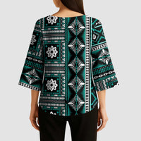 Fiji Masi Tapa Pattern Teal Kimono Sleeve Blouse - Polynesian Pride