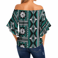 Fiji Masi Tapa Pattern Teal Off Shoulder Wrap Waist Top LT01 - Polynesian Pride