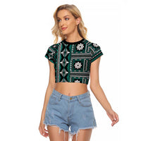 Fiji Masi Tapa Pattern Teal Raglan Cropped T Shirt LT01 Female Teal - Polynesian Pride