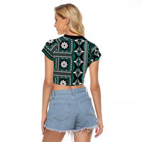 Fiji Masi Tapa Pattern Teal Raglan Cropped T Shirt LT01 - Polynesian Pride