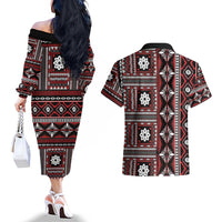 Fiji Masi Tapa Pattern Red Couples Matching Off The Shoulder Long Sleeve Dress and Hawaiian Shirt - Polynesian Pride