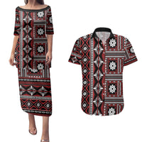 Fiji Masi Tapa Pattern Red Couples Matching Puletasi and Hawaiian Shirt - Polynesian Pride