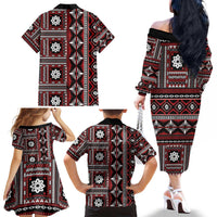 Fiji Masi Tapa Pattern Red Family Matching Off The Shoulder Long Sleeve Dress and Hawaiian Shirt - Polynesian Pride