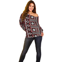 Fiji Masi Tapa Pattern Red Off Shoulder Sweater - Polynesian Pride