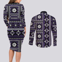 Fiji Masi Tapa Pattern Purple Couples Matching Long Sleeve Bodycon Dress and Long Sleeve Button Shirt - Polynesian Pride