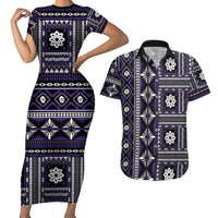 Fiji Masi Tapa Pattern Purple Couples Matching Short Sleeve Bodycon Dress and Hawaiian Shirt - Polynesian Pride