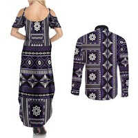 Fiji Masi Tapa Pattern Purple Couples Matching Summer Maxi Dress and Long Sleeve Button Shirt - Polynesian Pride