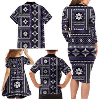 Fiji Masi Tapa Pattern Purple Family Matching Long Sleeve Bodycon Dress and Hawaiian Shirt - Polynesian Pride