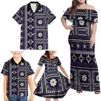 Fiji Masi Tapa Pattern Purple Family Matching Off Shoulder Maxi Dress and Hawaiian Shirt - Polynesian Pride