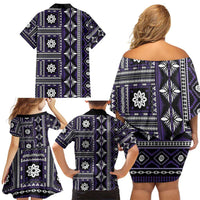 Fiji Masi Tapa Pattern Purple Family Matching Off Shoulder Short Dress and Hawaiian Shirt - Polynesian Pride