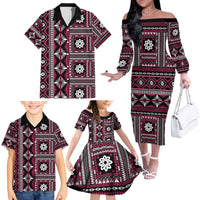 Fiji Masi Tapa Pattern Pink Family Matching Off The Shoulder Long Sleeve Dress and Hawaiian Shirt - Polynesian Pride