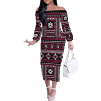 Fiji Masi Tapa Pattern Pink Family Matching Off The Shoulder Long Sleeve Dress and Hawaiian Shirt - Polynesian Pride