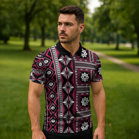 Fiji Masi Tapa Pattern Pink Zipper Polo Shirt - Polynesian Pride