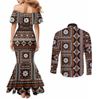 Fiji Masi Tapa Pattern Orange Couples Matching Mermaid Dress and Long Sleeve Button Shirt - Polynesian Pride