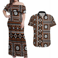 Fiji Masi Tapa Pattern Orange Couples Matching Off Shoulder Maxi Dress and Hawaiian Shirt - Polynesian Pride