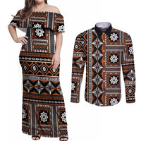 Fiji Masi Tapa Pattern Orange Couples Matching Off Shoulder Maxi Dress and Long Sleeve Button Shirt - Polynesian Pride