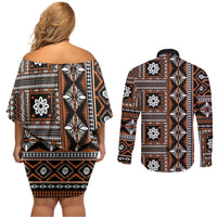 Fiji Masi Tapa Pattern Orange Couples Matching Off Shoulder Short Dress and Long Sleeve Button Shirt - Polynesian Pride