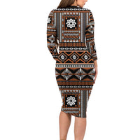 Fiji Masi Tapa Pattern Orange Family Matching Long Sleeve Bodycon Dress and Hawaiian Shirt - Polynesian Pride