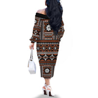 Fiji Masi Tapa Pattern Orange Family Matching Off The Shoulder Long Sleeve Dress and Hawaiian Shirt - Polynesian Pride