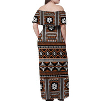 Fiji Masi Tapa Pattern Orange Family Matching Off Shoulder Maxi Dress and Hawaiian Shirt - Polynesian Pride