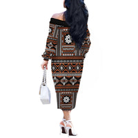 Fiji Masi Tapa Pattern Orange Off The Shoulder Long Sleeve Dress - Polynesian Pride